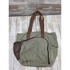 Duluth Trading Canvas Tote Bag Olive Green Brown Utility Multi-Pocket Workwear